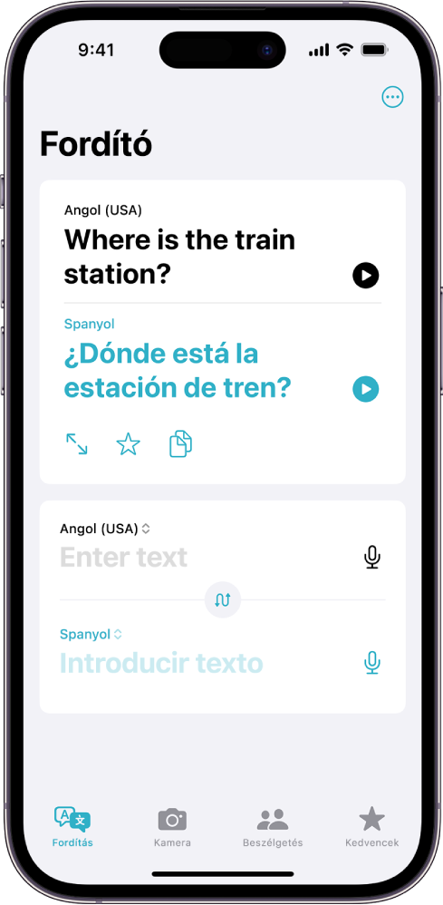 A Fordítás lap, amelyen egy angolról spanyol nyelvre lefordított kifejezés látható. A lefordított kifejezés alatt a szövegbeviteli mező jelenik meg.
