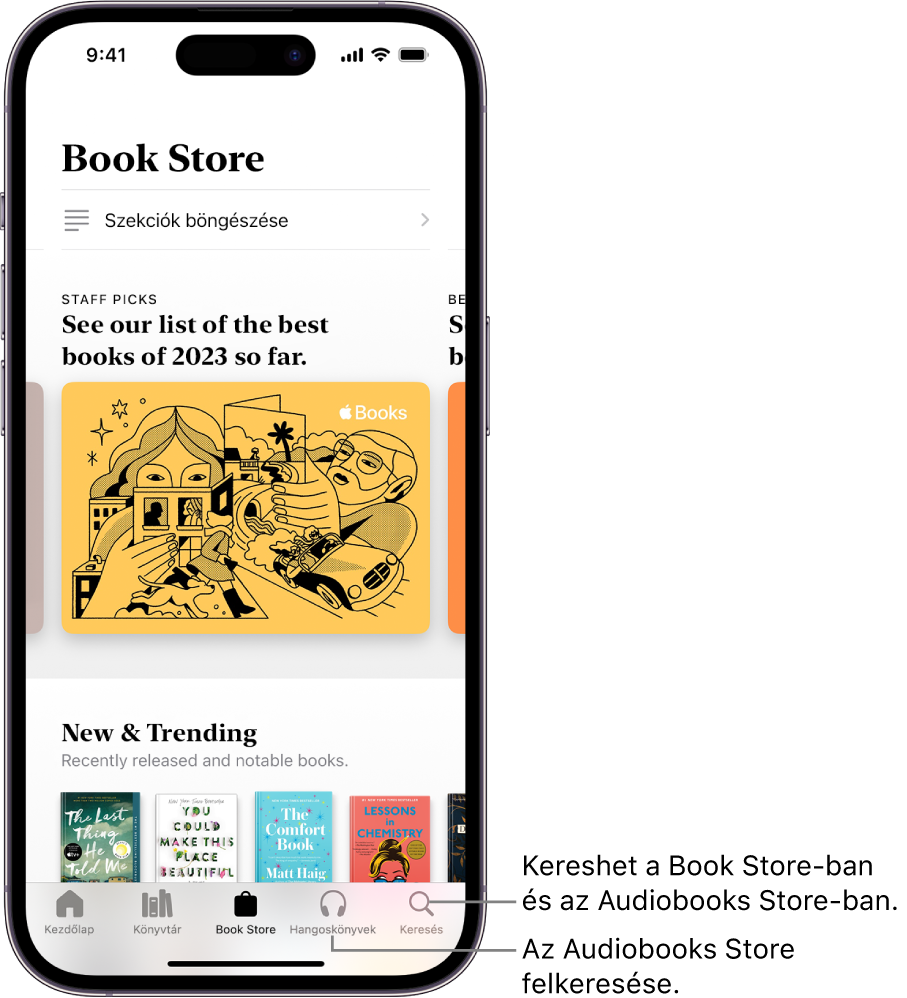 A Book Store képernyő a Könyvek appban. A képernyő alján balról jobbra haladva a következő lapok láthatók: Kezdőlap, Könyvtár, Book Store, Hangoskönyvek és Keresés. A Book Store lap van kiválasztva.