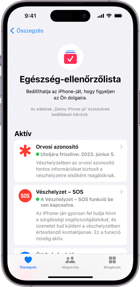 Az Egészség-ellenőrzőlista képernyő, amelyen az egészségügyi azonosító, a Vészhelyzet – SOS és az Ütközésészlelés értesítései aktiválva vannak.