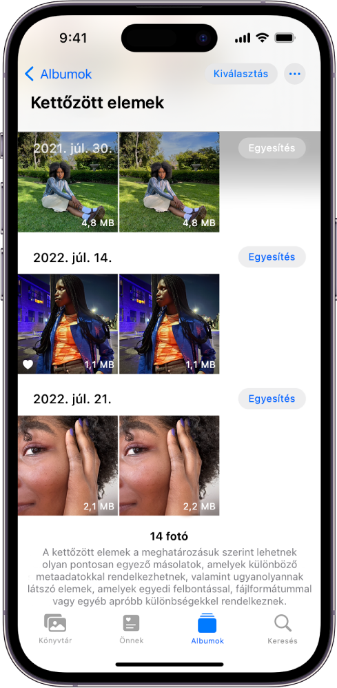 A Kettőzött elemek képernyő, amelyen megkettőzött fotók láthatók egymás mellett. A képernyő jobb oldalán Egyesítés gombok jelennek meg, amelyekkel a megkettőzött fotók egyesíthetők.