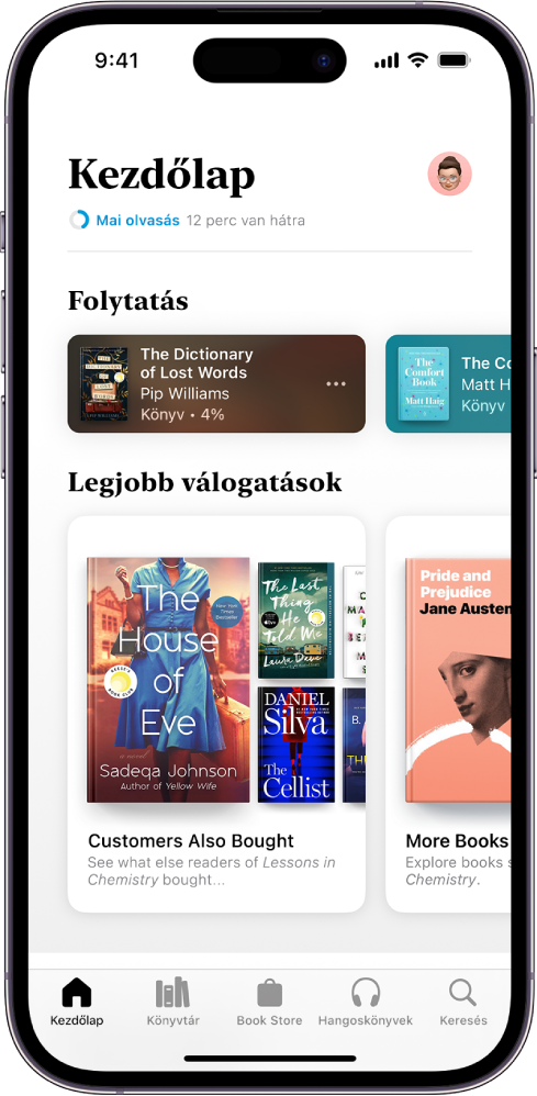 A Kezdőlap képernyő a Könyvek appban. A képernyő alján balról jobbra haladva a következő lapok láthatók: Kezdőlap, Könyvtár, Book Store, Hangoskönyvek és Keresés. A Kezdőlap van kiválasztva.