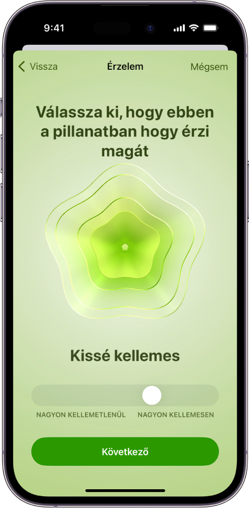 Egy képernyő az Egészség appban, amelyen az aktuális hangulat enyhén kellemesként van azonosítva. A képernyő alján egy csúszka található, amellyel az érzelem szintjét lehet beállítani.