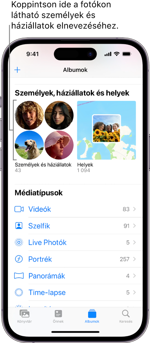 Az Albumok képernyő a Fotók appban. A Személyek és háziállatok a képernyő tetején.
