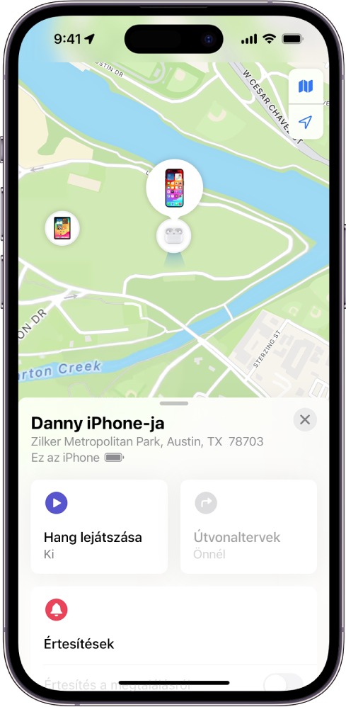 A képernyő tetején a Lokátor képernyője megjeleníti egy iPhone helyzetét egy térképen.
