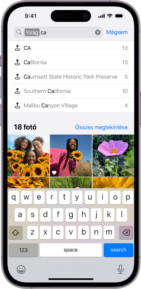 A Keresés képernyő a Fotók appban. A képernyő tetején egy keresőmező látható, alatta pedig a keresési találatok jelennek meg.