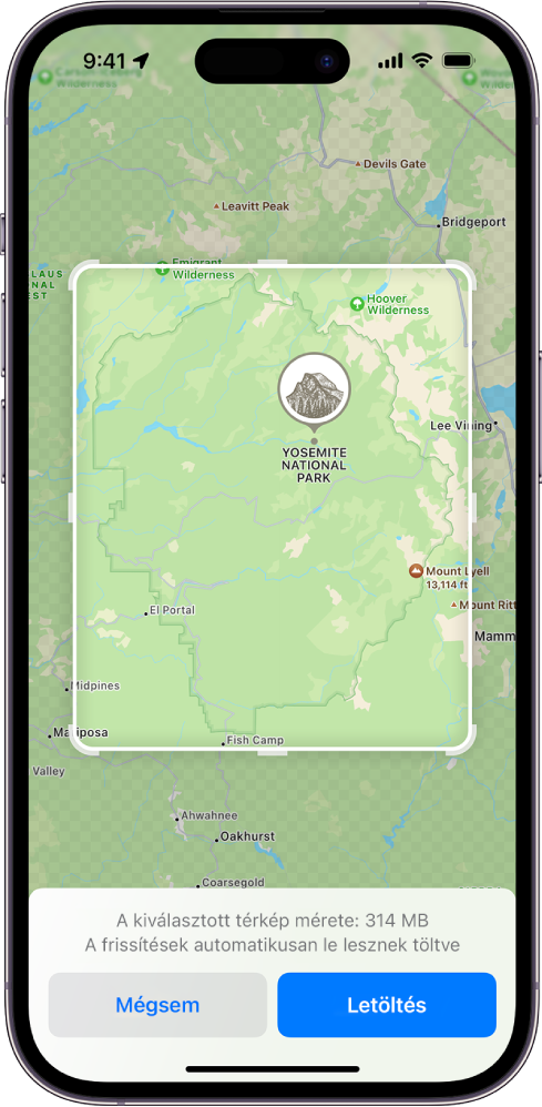 Egy térképrészlet ki van jelölve a Térképek appban. A képernyő alján a Mégsem és a Letöltés gomb található.
