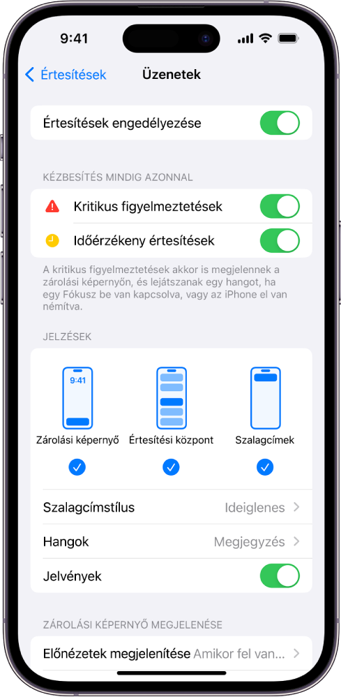 Egy iPhone az Üzenetek app értesítési és jelzésekkel kapcsolatos beállításaival.