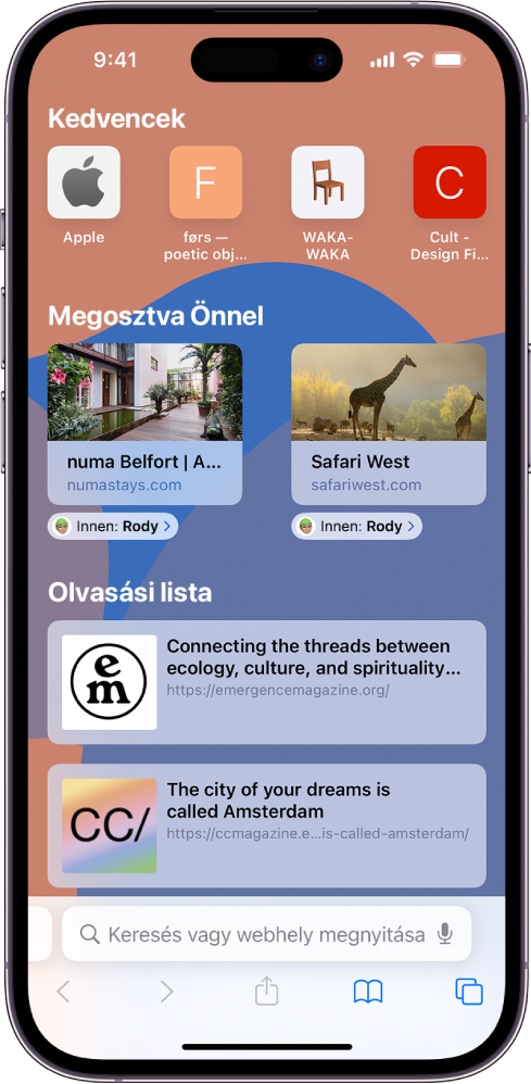 A Safari nyitóoldala tartalmaz egy Megosztva Önnel részt két weboldal előnézetével. A webhelyelőnézetek alatt a címkék felirata „Rodytól”.