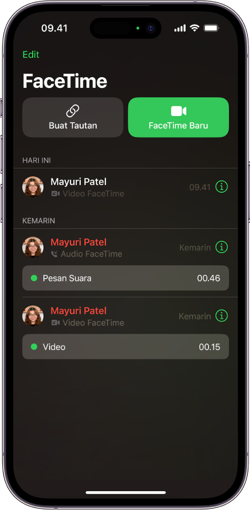 Layar untuk memulai panggilan FaceTime, menampilkan tombol Buat Tautan dan tombol FaceTime Baru untuk memulai panggilan FaceTime.