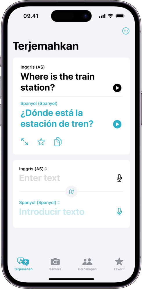 Tab Terjemahan, menampilkan frasa terjemahan dari bahasa Inggris ke bahasa Spanyol. Di bawah frasa yang diterjemahkan adalah bidang masukkan teks.