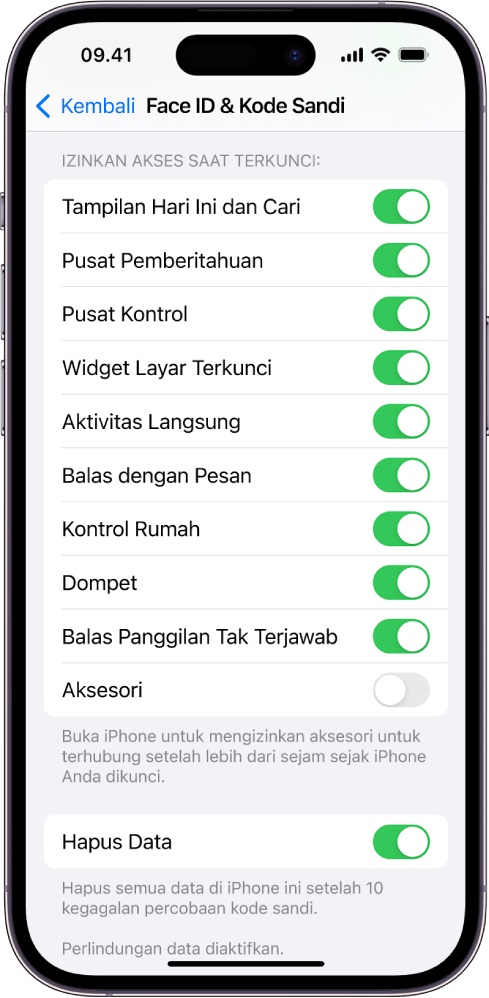 Layar Face ID dan Kode Sandi, dengan pengaturan untuk mengizinkan akses ke fitur tertentu saat iPhone terkunci.