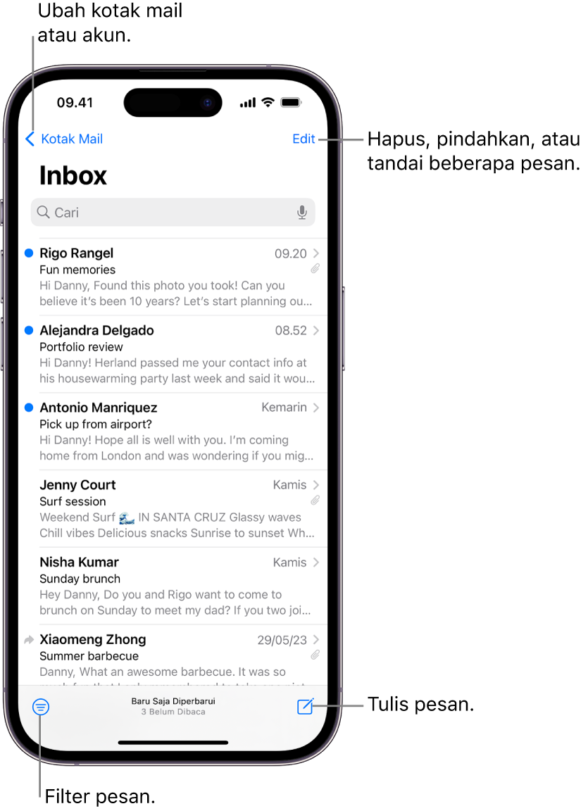 Inbox Mail, menampilkan daftar email.