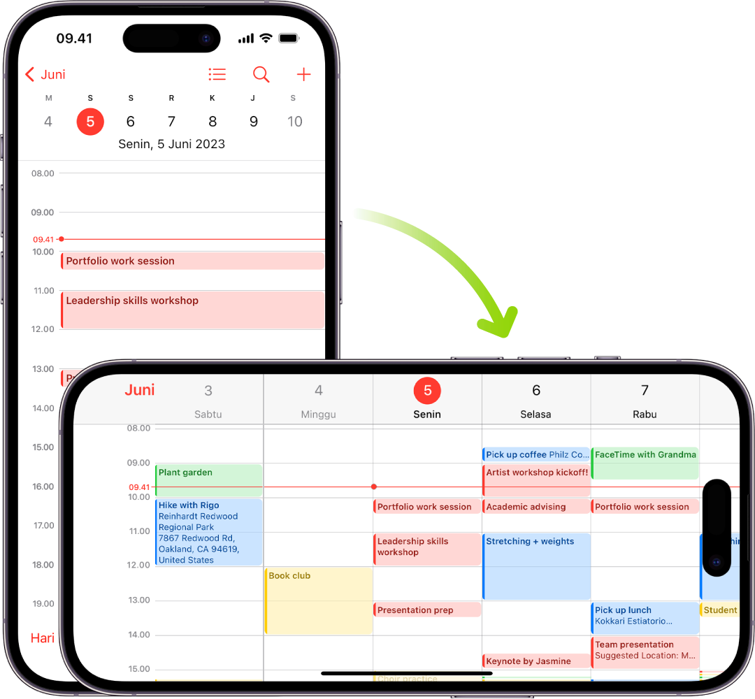Di latar belakang, iPhone menampilkan layar Kalender, yang menampilkan acara untuk satu hari di orientasi potret; di latar depan, iPhone diputar ke orientasi lanskap, yang menampilkan acara Kalender untuk satu minggu yang berisi hari yang sama.