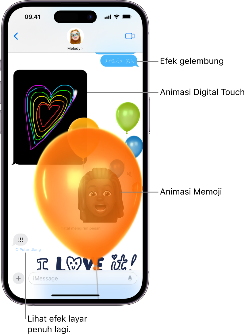 Percakapan Pesan dengan efek gelembung dan layar penuh, serta animasi: Digital Touch dan pesan tulisan tangan.