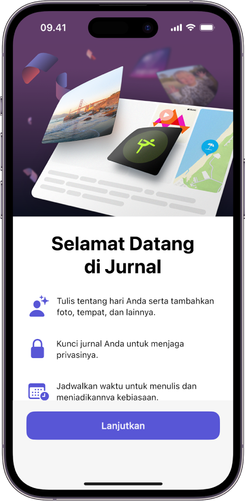 Layar selamat datang untuk app Jurnal.