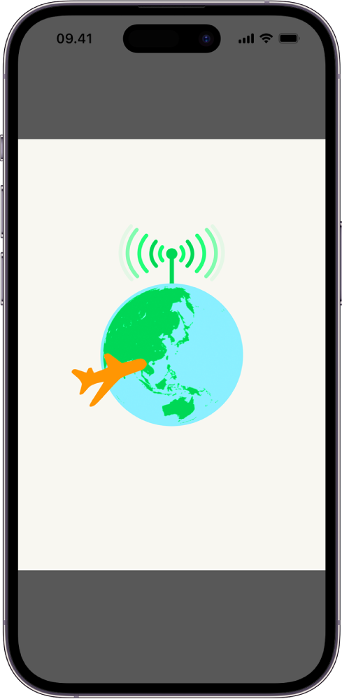 Layar iPhone menampilkan ilustrasi bola dunia. Di bagian atas bola dunia terdapat sinyal radio dan pesawat terbang mengelilingi dunia.