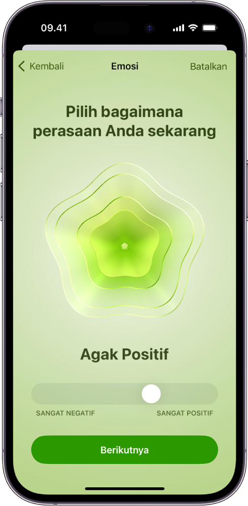 Layar di app Kesehatan mengidentifikasi suasana hati saat ini sebagai Agak Positif. Di bagian bawah layar terdapat penggeser untuk menyesuaikan level emosi.