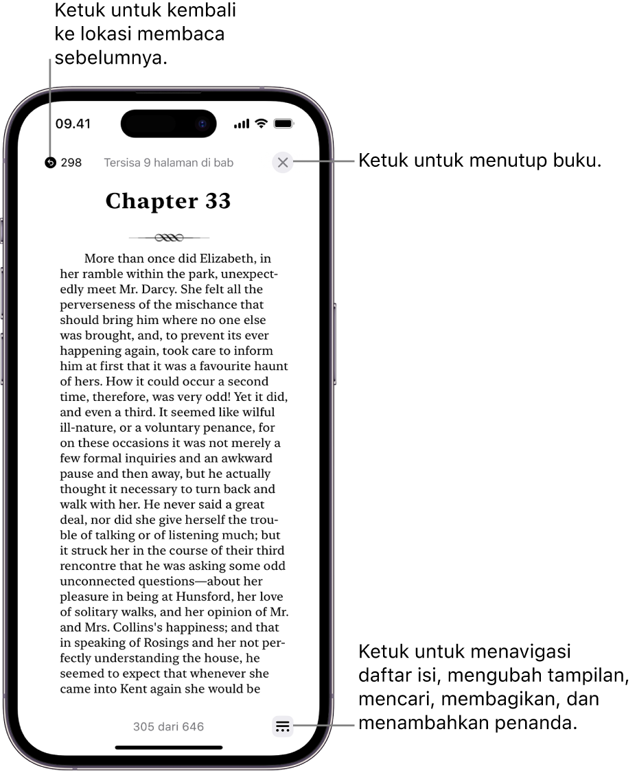 Halaman buku di app Buku. Di bagian atas layar terdapat tombol untuk kembali ke halaman tempat Anda mulai membaca dan untuk menutup buku. Di kanan bawah layar terdapat tombol Menu.