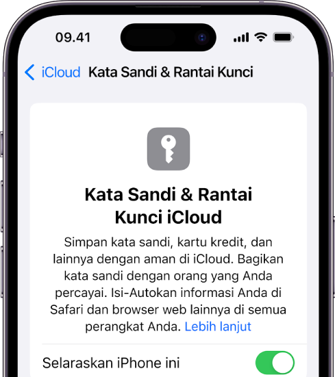 Kata Sandi iCloud & Layar Rantai Kunci, dengan pengaturan untuk menyelaraskan iPhone ini.