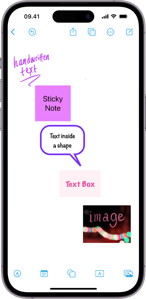 Bidang Freeform dengan gambar, catatan sticky, bentuk, kotak teks, dan gambar, yang terkait dengan tombol di bagian bawah layar.