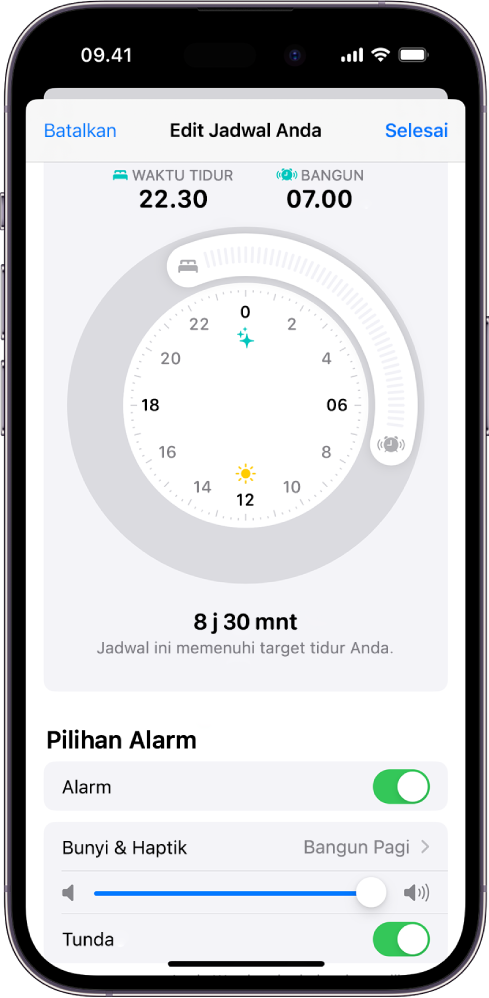 Layar Edit Jadwal Anda di Kesehatan, dengan jam Waktu Tidur dan Bangun di bagian atas layar, serta pilihan alarm di bagian bawah layar.