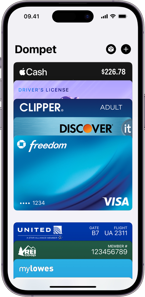Layar Dompet, menampilkan beberapa kartu pembayaran dan pass.