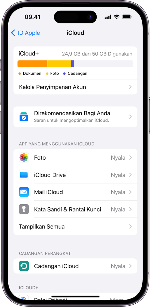 Layar pengaturan iCloud menampilkan meter penyimpanan iCloud dan daftar fitur—termasuk Foto, iCloud Drive, dan Cadangan iCloud—yang dapat digunakan dengan iCloud.