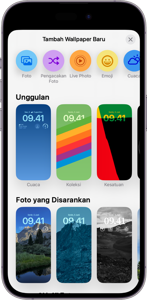 Layar Tambah Wallpaper Baru menampilkan galeri pilihan wallpaper untuk menyesuaikan Layar Terkunci iPhone.