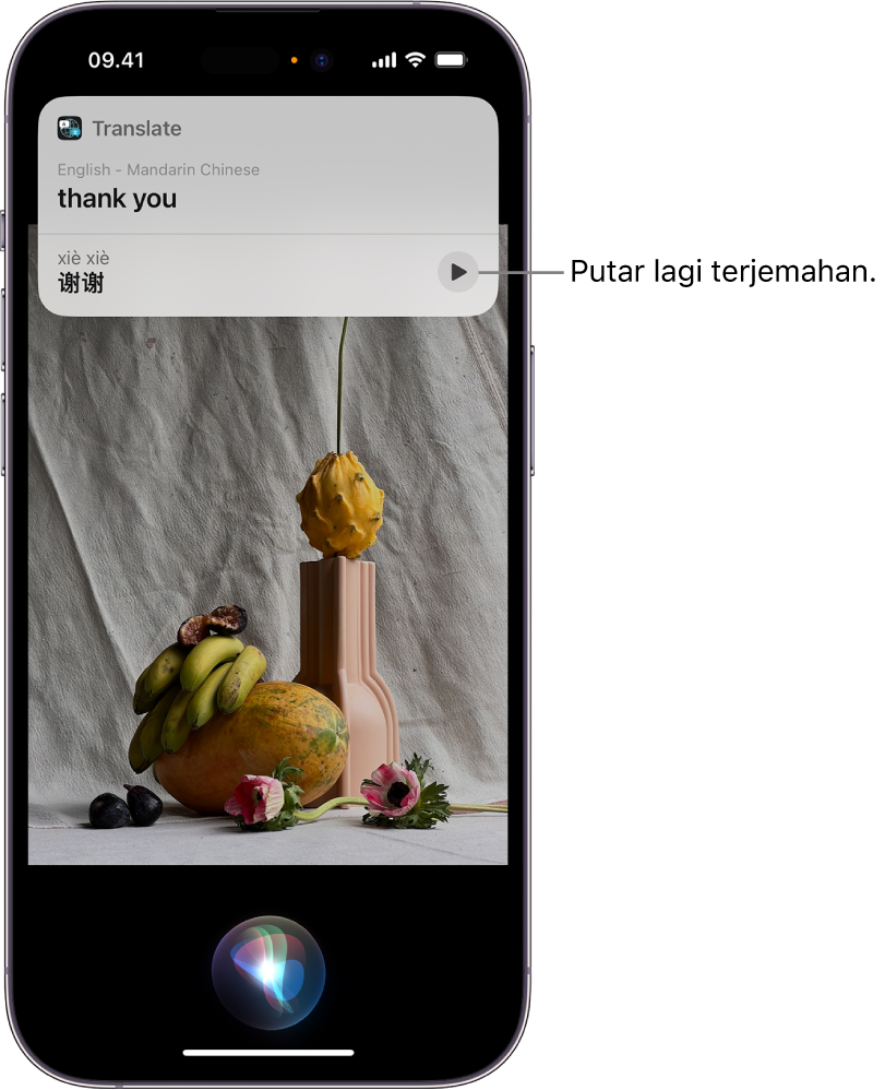 Layar iPhone dengan, di bagian bawah, indikator mendengarkan Siri dan, di bagian atas, tanggapan dari Siri dalam bentuk terjemahan [dari Bahasa Inggris ke Bahasa Mandarin].