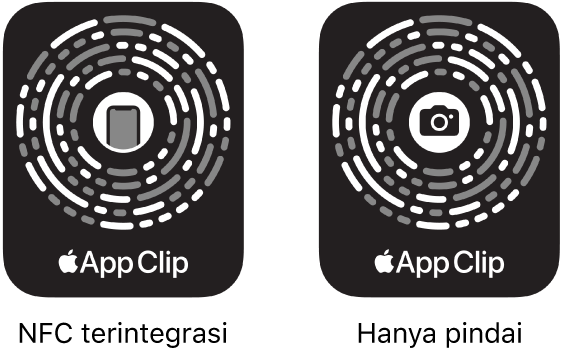 Di sebelah kiri, Kode Cuplikan App terintegrasi NFC dengan ikon iPhone di pusatnya. Di sebelah kanan, Kode Cuplikan App hanya pindai dengan ikon kamera di pusatnya.