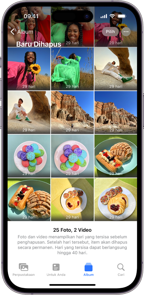 Folder Baru Dihapus di app Foto. Foto yang baru dihapus muncul dalam grid di layar.
