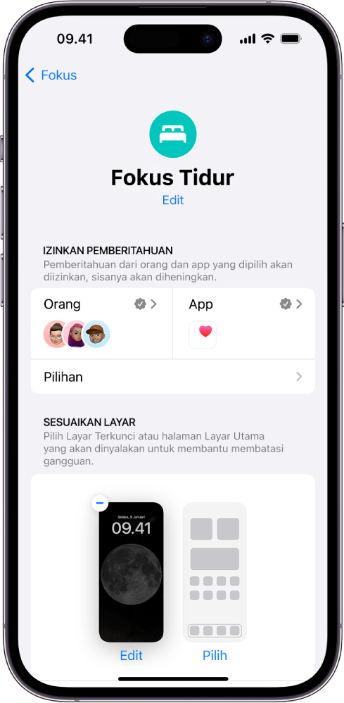 Layar Fokus Tidur menampilkan tiga orang dan satu app diizinkan untuk mengirimkan pemberitahuan.