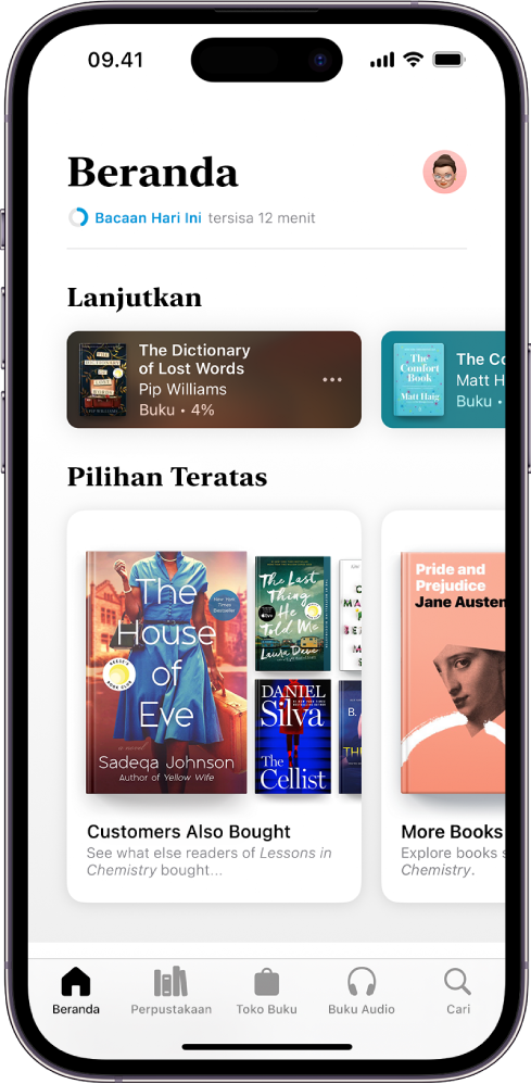 Layar Beranda di app Buku. Di bagian bawah layar, dari kiri ke kanan, terdapat tab Beranda, Perpustakaan, Toko Buku, Buku Audio, dan Cari. Tab Beranda dipilih.