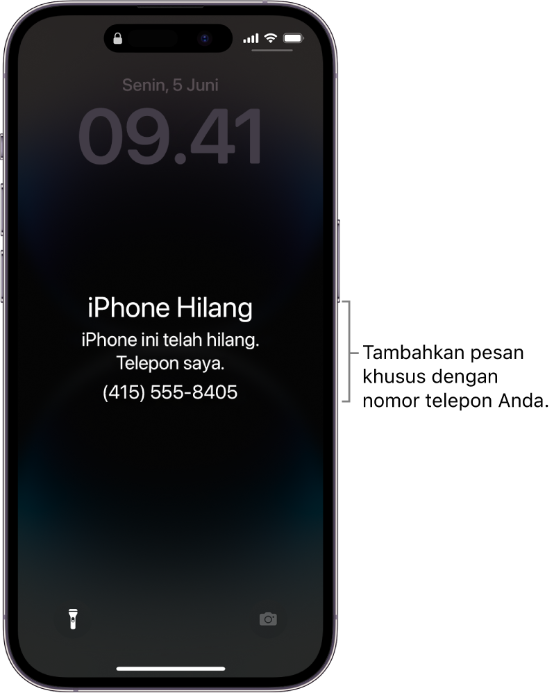 Layar Terkunci iPhone dengan pesan iPhone hilang. Anda dapat menambahkan pesan khusus dengan nomor telepon Anda.