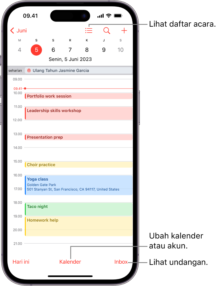 Kalender dalam tampilan Hari menampilkan acara pada hari itu. Tombol Kalender ada di tengah bawah layar, dan tombol Inbox ada di kanan bawah.
