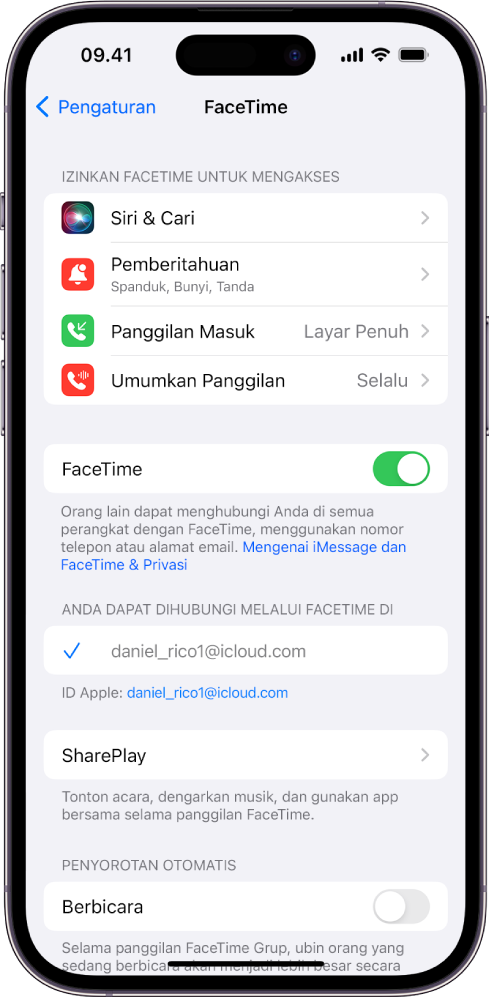 Layar Pengaturan FaceTime, menampilkan pengalih untuk menyalakan atau mematikan FaceTime dan bidang tempat Anda memasukkan ID Apple Anda untuk FaceTime.
