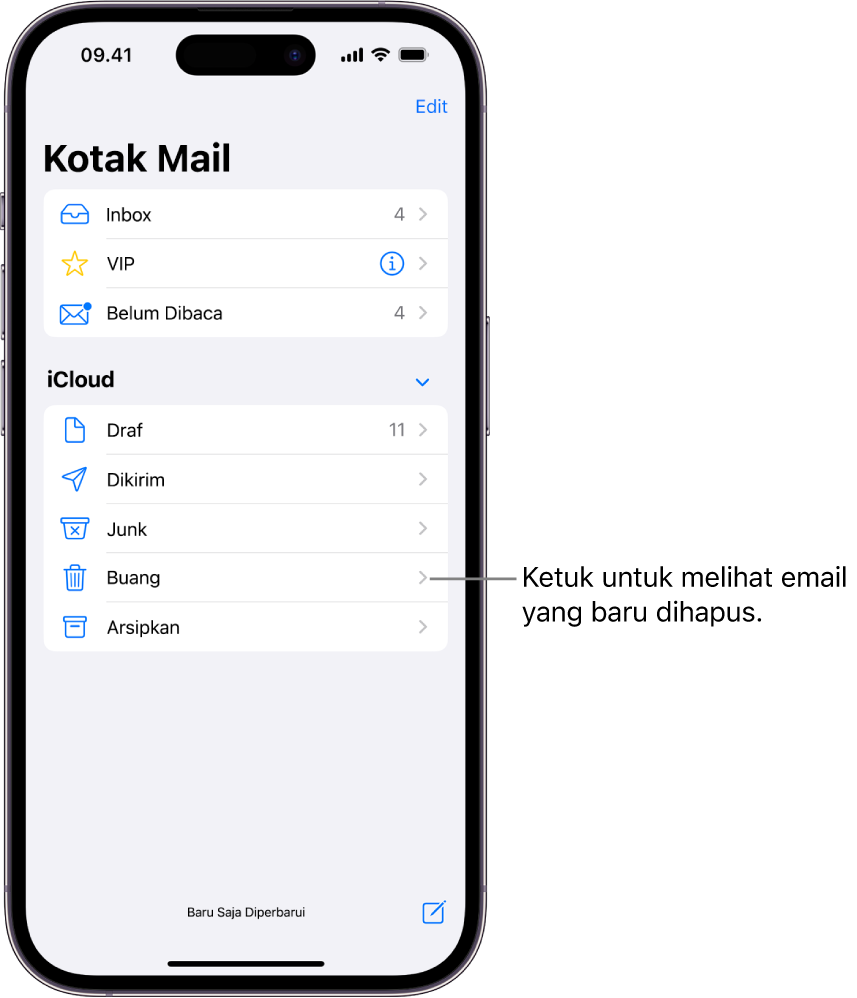 Layar Kotak Mail. Di bawah iCloud, kotak mail tercantum dari atas ke bawah, termasuk kotak mail Tong Sampah. Ketuk untuk melihat email yang baru dihapus.