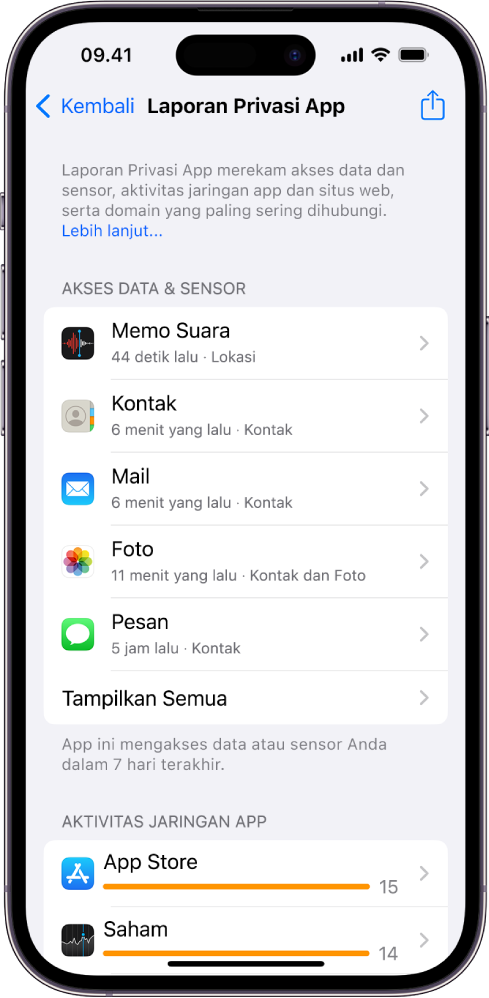 Laporan Privasi App mencantumkan informasi mengenai lima app untuk kategori Akses Data & Sensor, serta informasi mengenai tiga app untuk kategori Aktivitas Jaringan App.