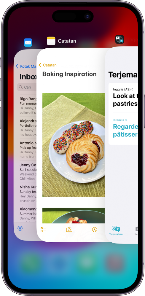 Pengalih App. Ikon untuk app terbuka muncul di bagian atas, dan layar saat ini untuk setiap app yang terbuka muncul di bawah ikonnya.