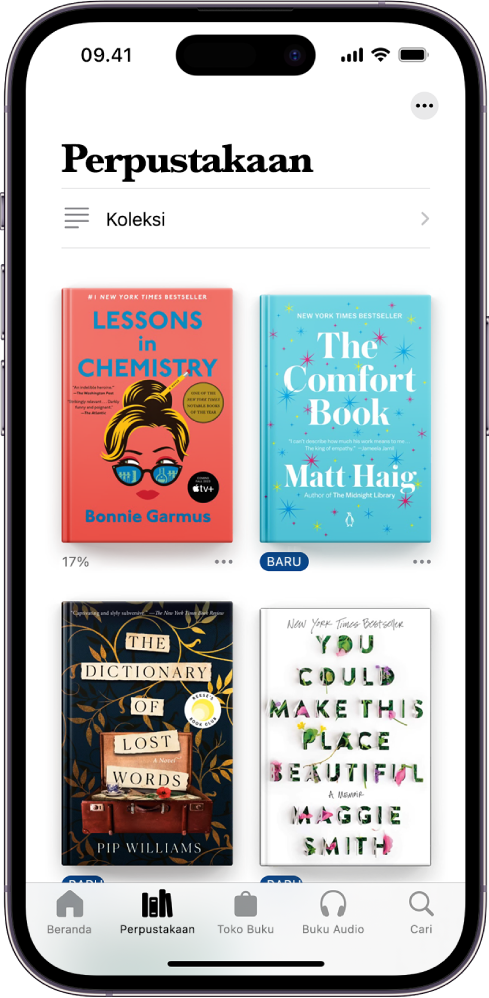 Layar Perpustakaan di app Buku. Di bagian atas layar terdapat tombol Koleksi. Di bagian tengah layar terdapat sampul buku. Di bagian bawah layar, dari kiri ke kanan, terdapat tab Beranda, Perpustakaan, Toko Buku, Buku Audio, dan Cari. Tab Perpustakaan dipilih.