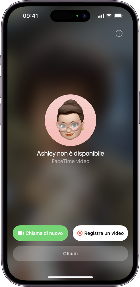 La schermata di FaceTime che mostra che la persona chiamata non è disponibile. Nella parte inferiore dello schermo, sono presenti i pulsanti “Chiama di nuovo” e “Registra video”.