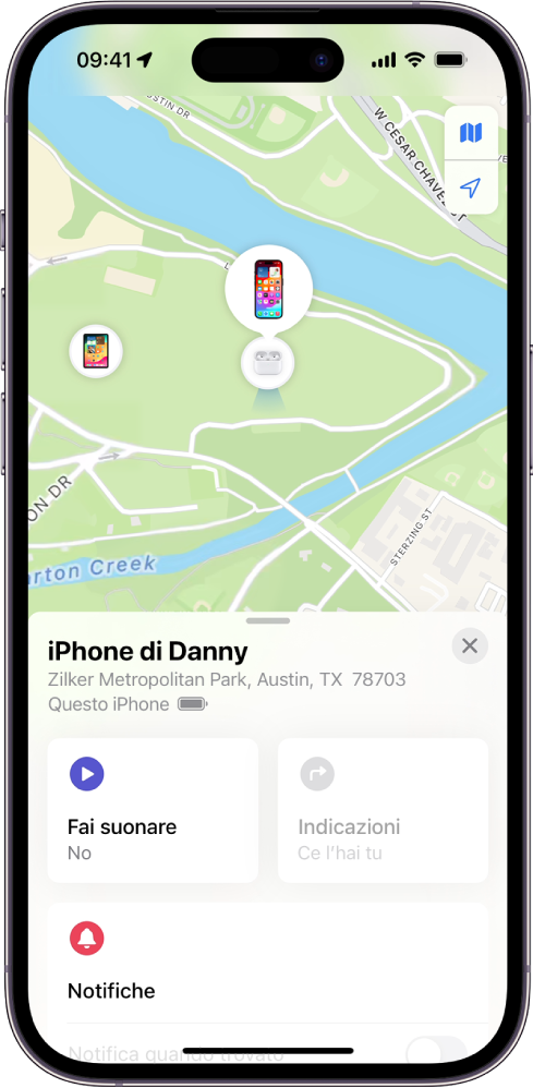 La schermata di Dov’è che mostra la posizione di un iPhone su una mappa nella parte superiore dello schermo.