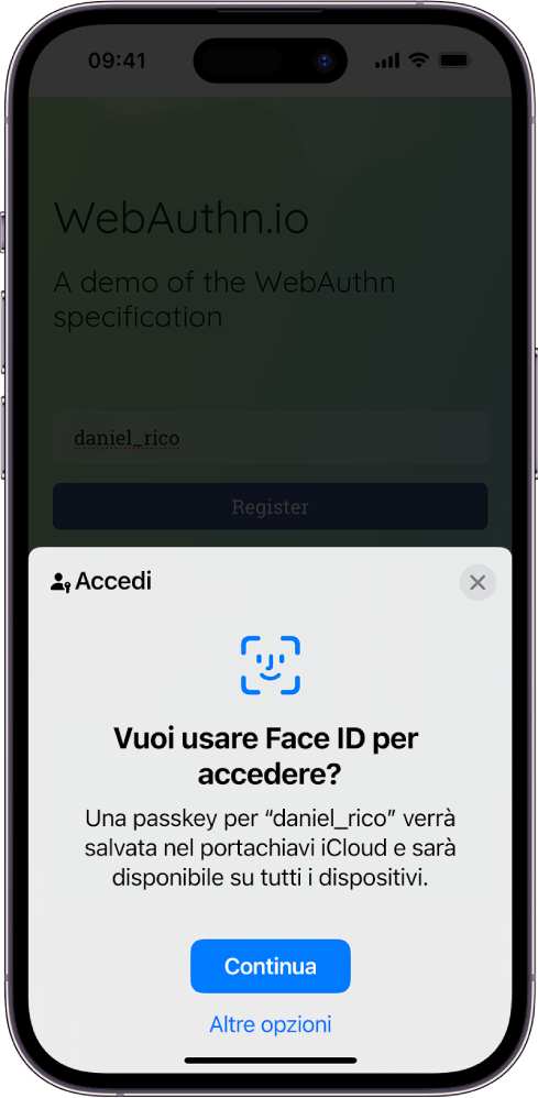 Una schermata di accesso che compare quando viene salvata una passkey per un account. Nella parte inferiore dello schermo sono presenti i pulsanti Continua e “Altre opzioni”.