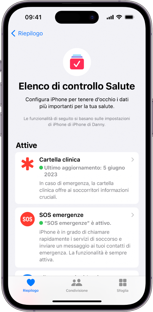 La schermata di “Elenco di controllo Salute” in cui le notifiche per “Cartella clinica” e “SOS emergenze” e “Rilevamento incidenti” sono attive.