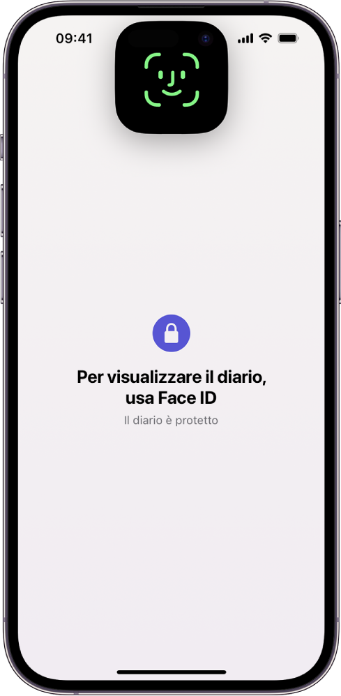 Una schermata che chiede di utilizzare Face ID per sbloccare il diario.