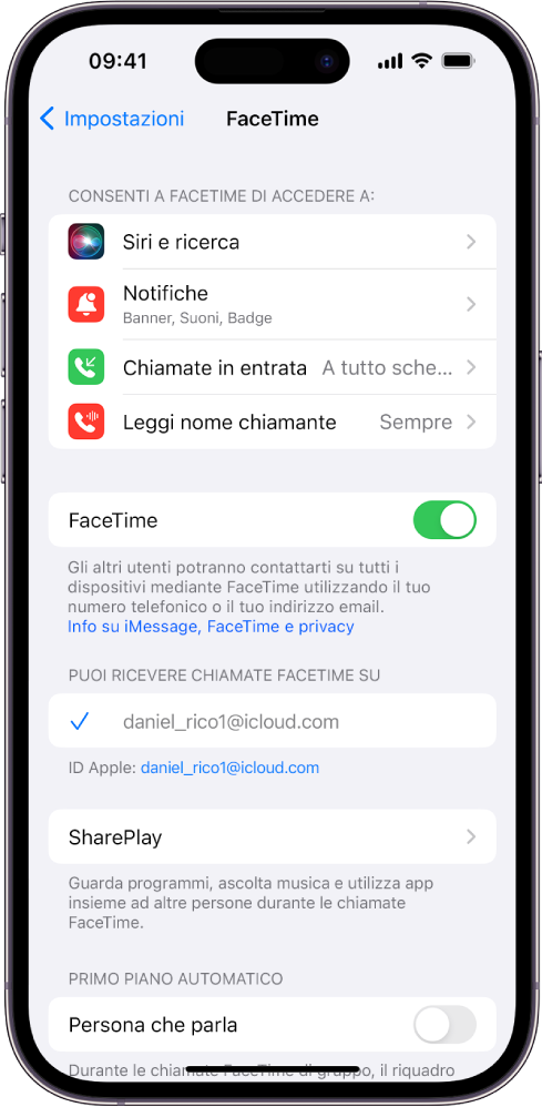 La schermata delle impostazioni di FaceTime, che mostra l’interruttore per attivare o disattivare FaceTime e il campo in cui puoi inserire l’ID Apple che vuoi usare con FaceTime.