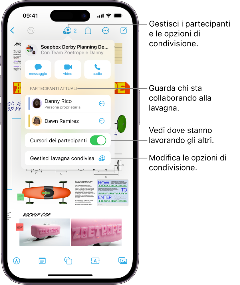 Una lavagna Freeform condivisa su iPhone con il menu Collaborazione visibile.