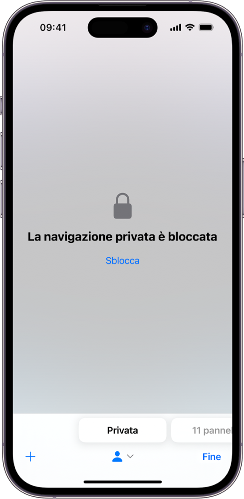 Safari è aperto in navigazione privata. Al centro dello schermo è visualizzato il messaggio “La navigazione privata è bloccata”. Sotto è presente un pulsante Sblocca.