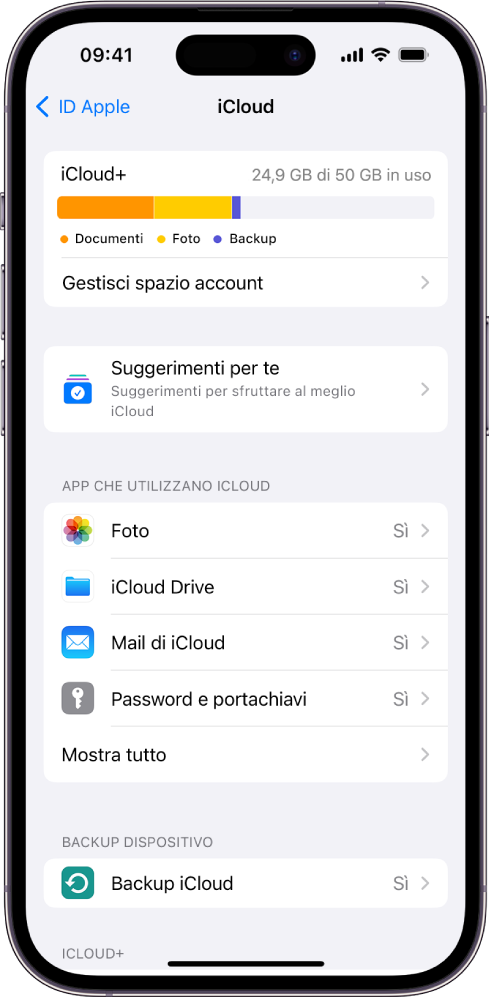 La schermata delle impostazioni di iCloud che mostra la barra dello spazio di archiviazione disponibile e un elenco di app e funzioni che possono essere utilizzate con iCloud.