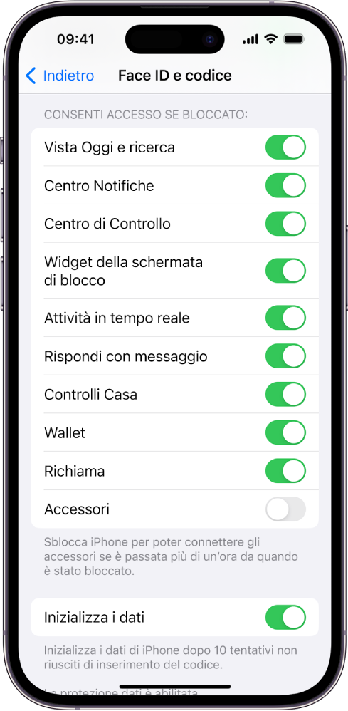 La schermata “Face ID e codice” con le impostazioni per consentire l’accesso a determinate funzionalità quando iPhone è bloccato.